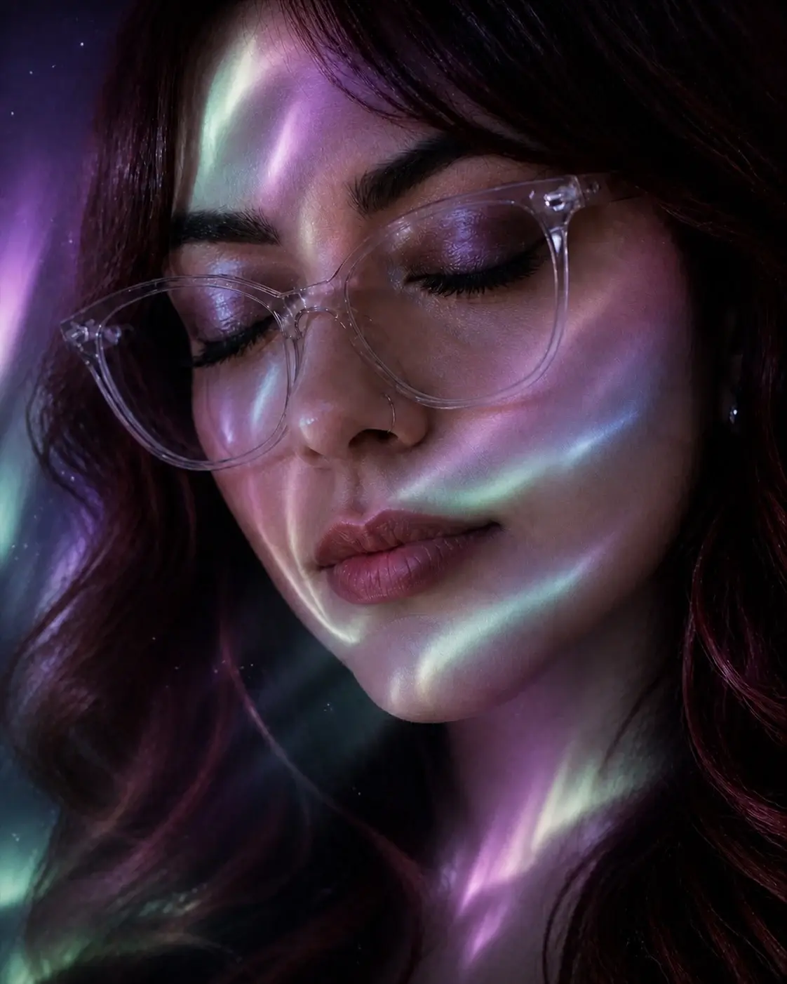 Maryl Gonzalez, illuminated by violet and mint reflections