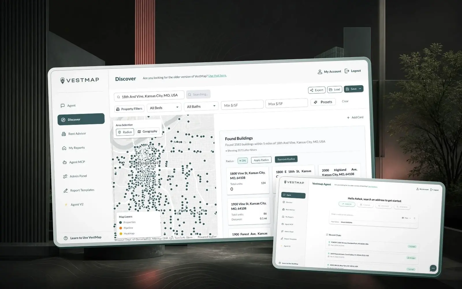 VestMap interface in device mockups